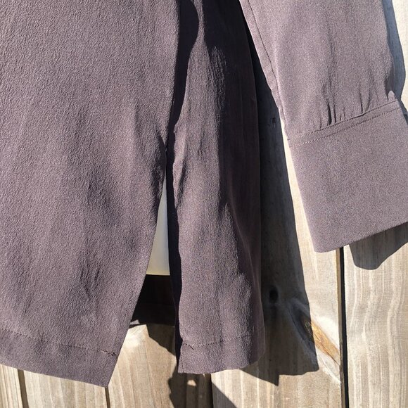 Ecru Medium Silk Blouse Top Brown V Neck Long Sleeve Pleated Button Cuffs - Picture 4 of 8